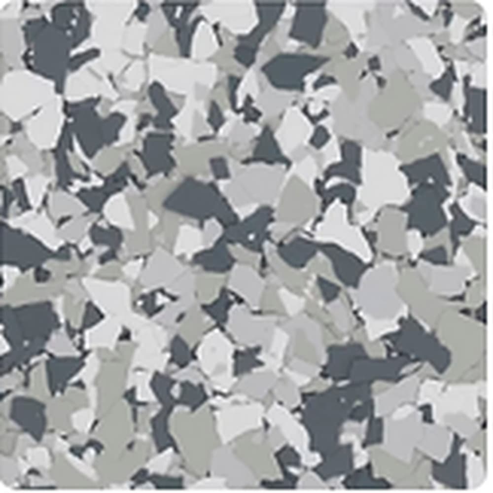 Gravel vinyl flake blend: slate blue-grey, off-white and pale sage chips.