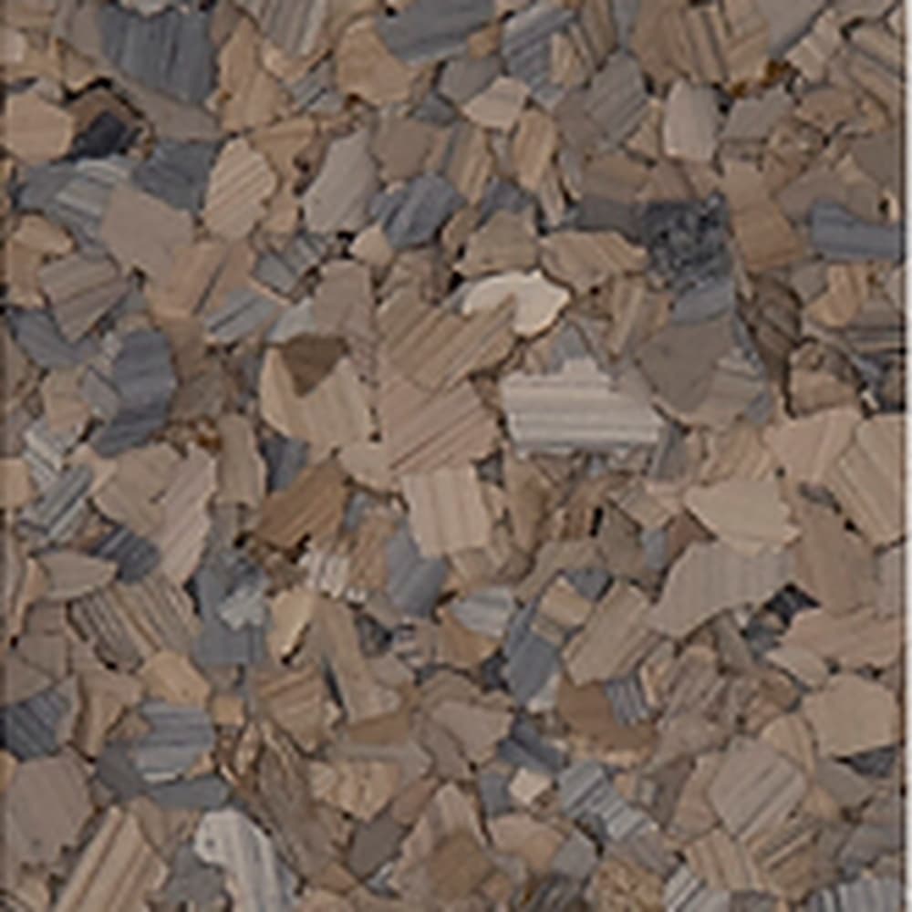Obsidian vinyl flake blend: warm tan and beige chips mixed with blue-grey.