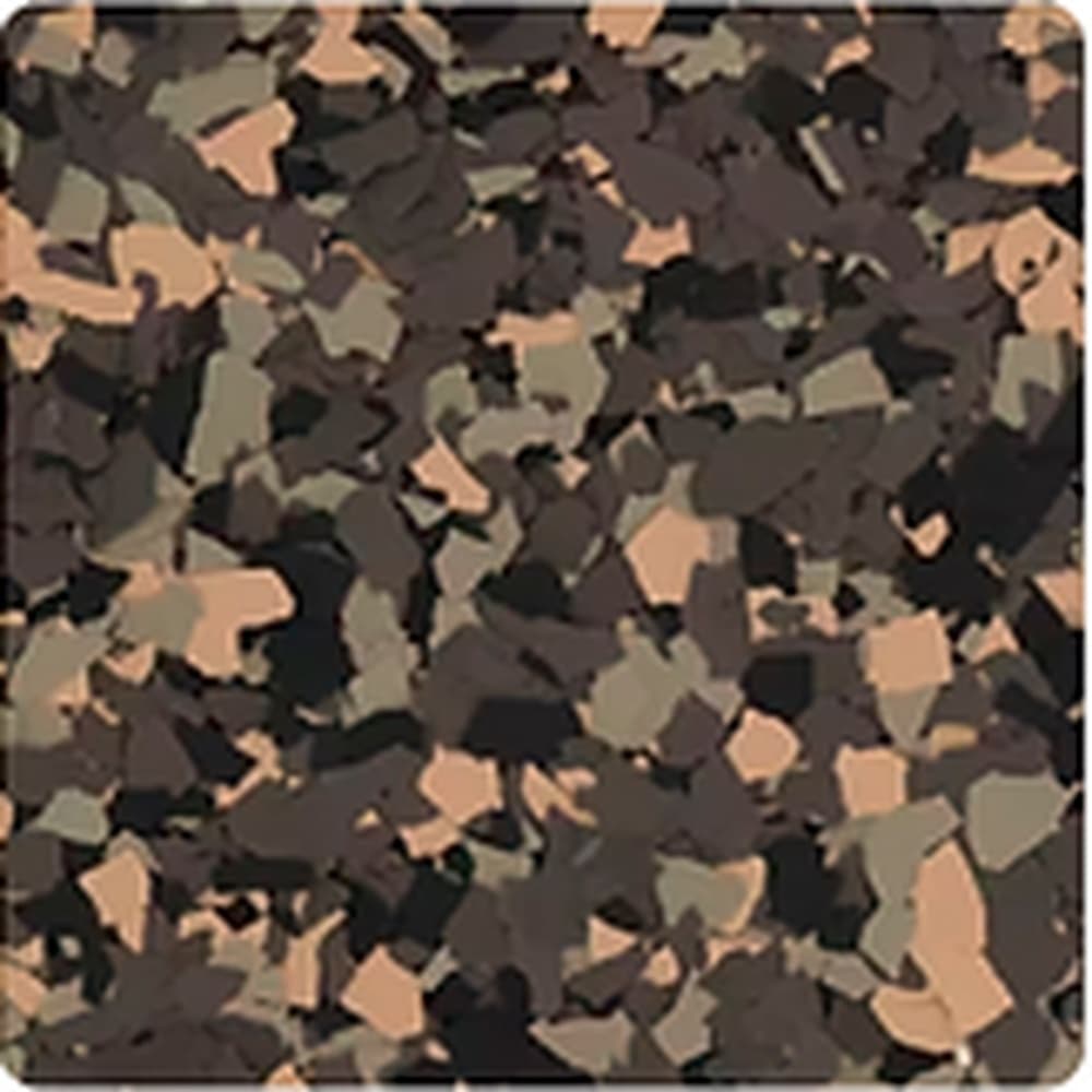 Portobello vinyl flake blend: dark olive, brown and black chips with pale peach accents.