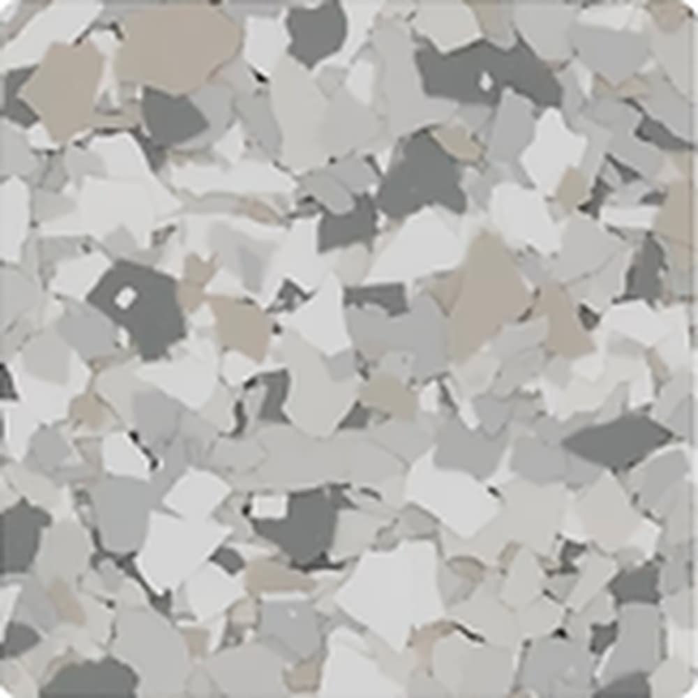 Rocky Arrow vinyl flake blend: white and light grey chips with tan and charcoal accents.