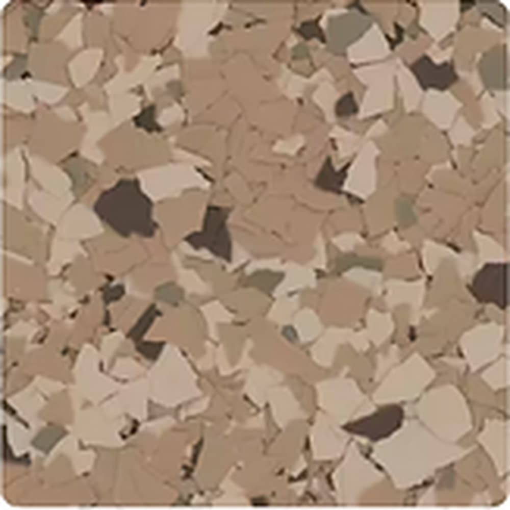 Safari vinyl flake blend: sand, tan and cream chips with dark brown and sage accents.
