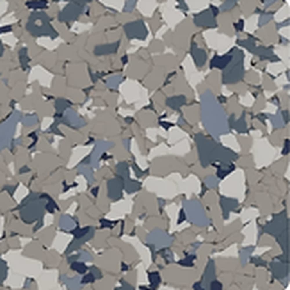 Stone Wash vinyl flake blend: warm taupe and off-white chips with steel blue and navy.