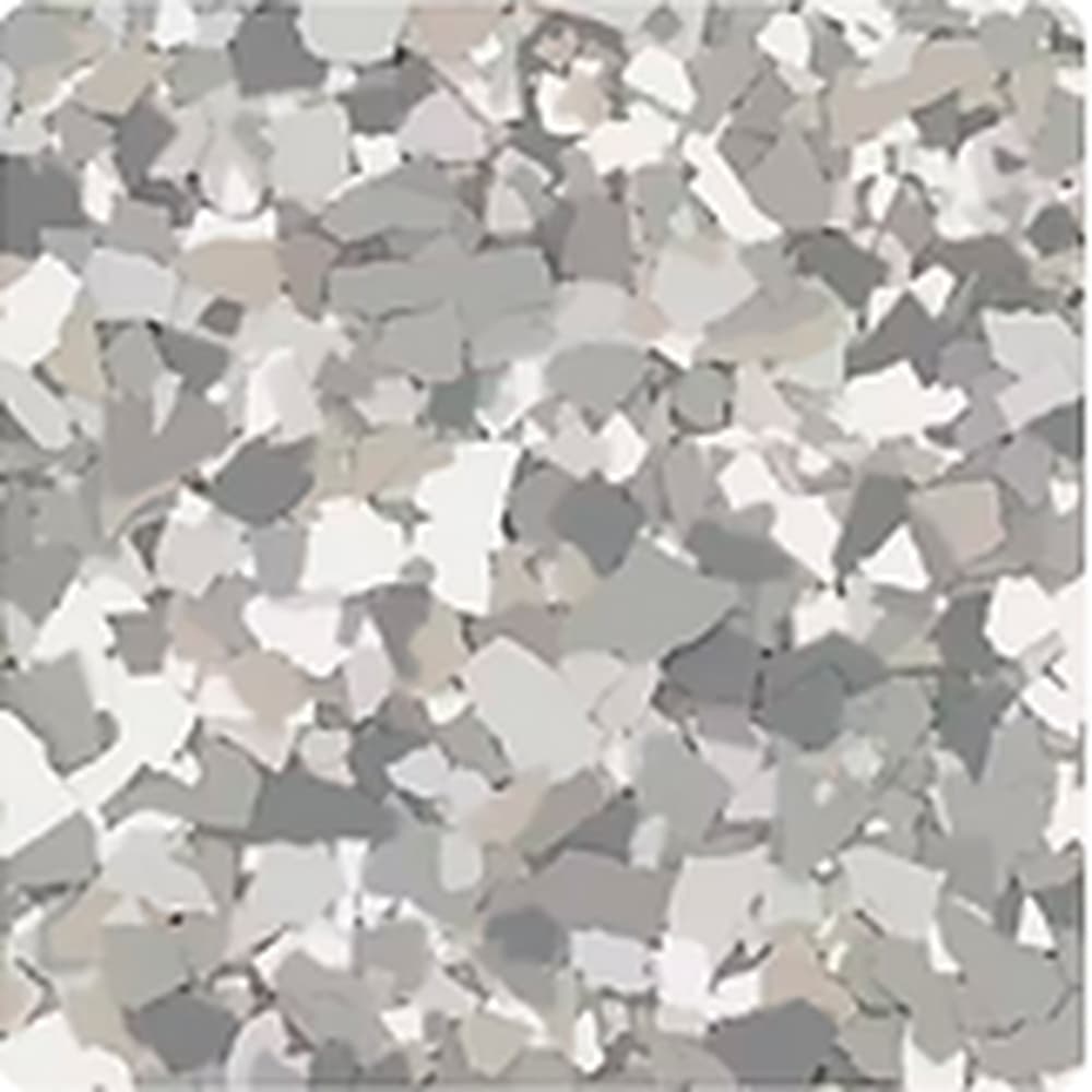 Stony Creek vinyl flake blend: white and light grey chips with warm greige and charcoal.