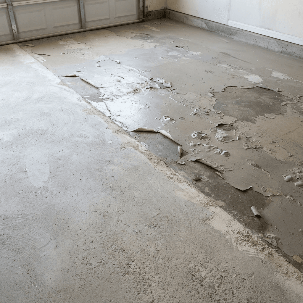 Illustration of coating removal in progress: a garage slab split diagonally, with an old grey-beige coating visibly blistered and peeling away in curling flakes on one side, and bare freshly ground concrete showing faint grinder swirls on the other.