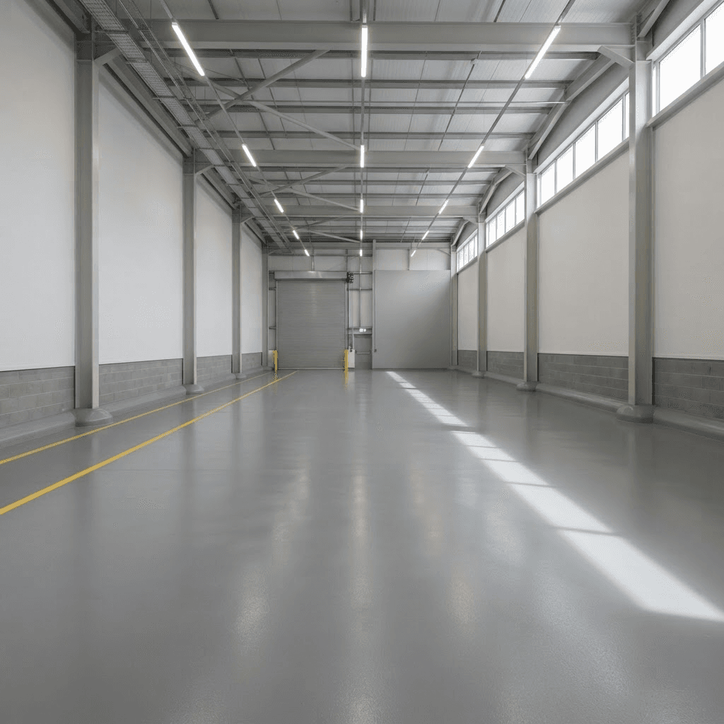Illustration of a finished commercial floor: an empty light-industrial warehouse bay with a seamless mid-grey industrial epoxy floor at a satin sheen, yellow safety walkway lines along one side, and daylight from high clerestory windows.
