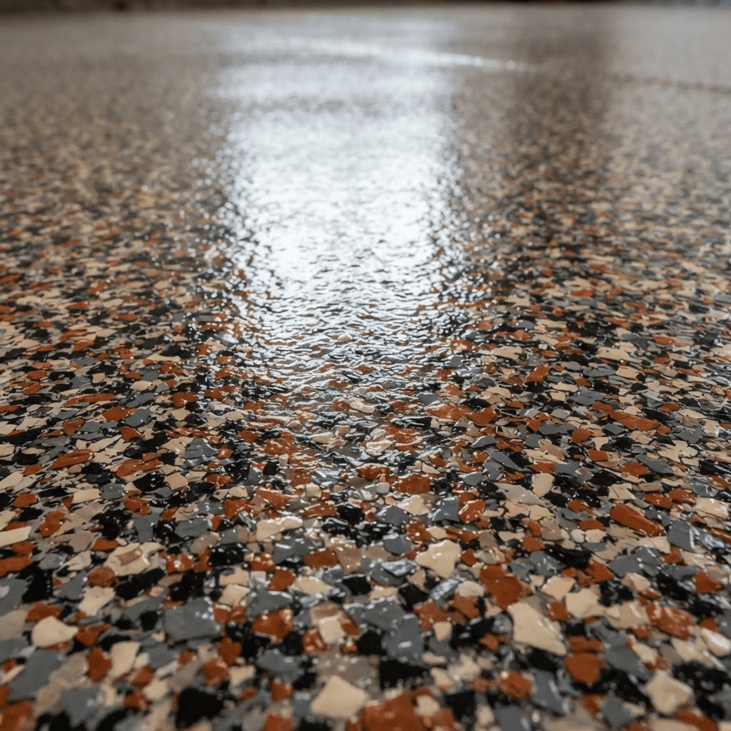 Illustration of a finished vinyl flake floor surface in a charcoal, rust orange, bone and grey blend, viewed at a low angle across the plane. The chips are packed to full refusal with no base coat visible between them, and a soft band of daylight reflects off the clear gloss topcoat.