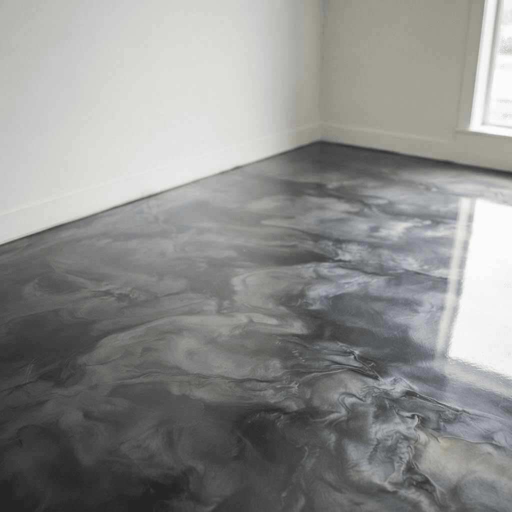 Illustration of a finished metallic epoxy floor: an empty plain white room with a seamless poured metallic floor in charcoal and pewter with silver-grey marbled veining and a mirror-like gloss reflecting a tall window.