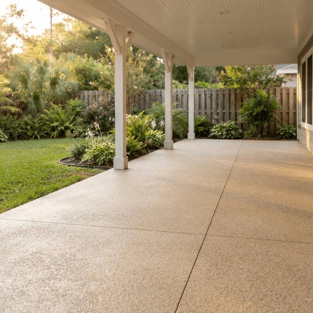 Illustration of a finished patio coating: an empty covered residential patio with a matte, lightly textured sand-beige decorative concrete surface running out to a lawn and a wooden fence, lit by low warm afternoon daylight that reveals the slip-resistant texture.