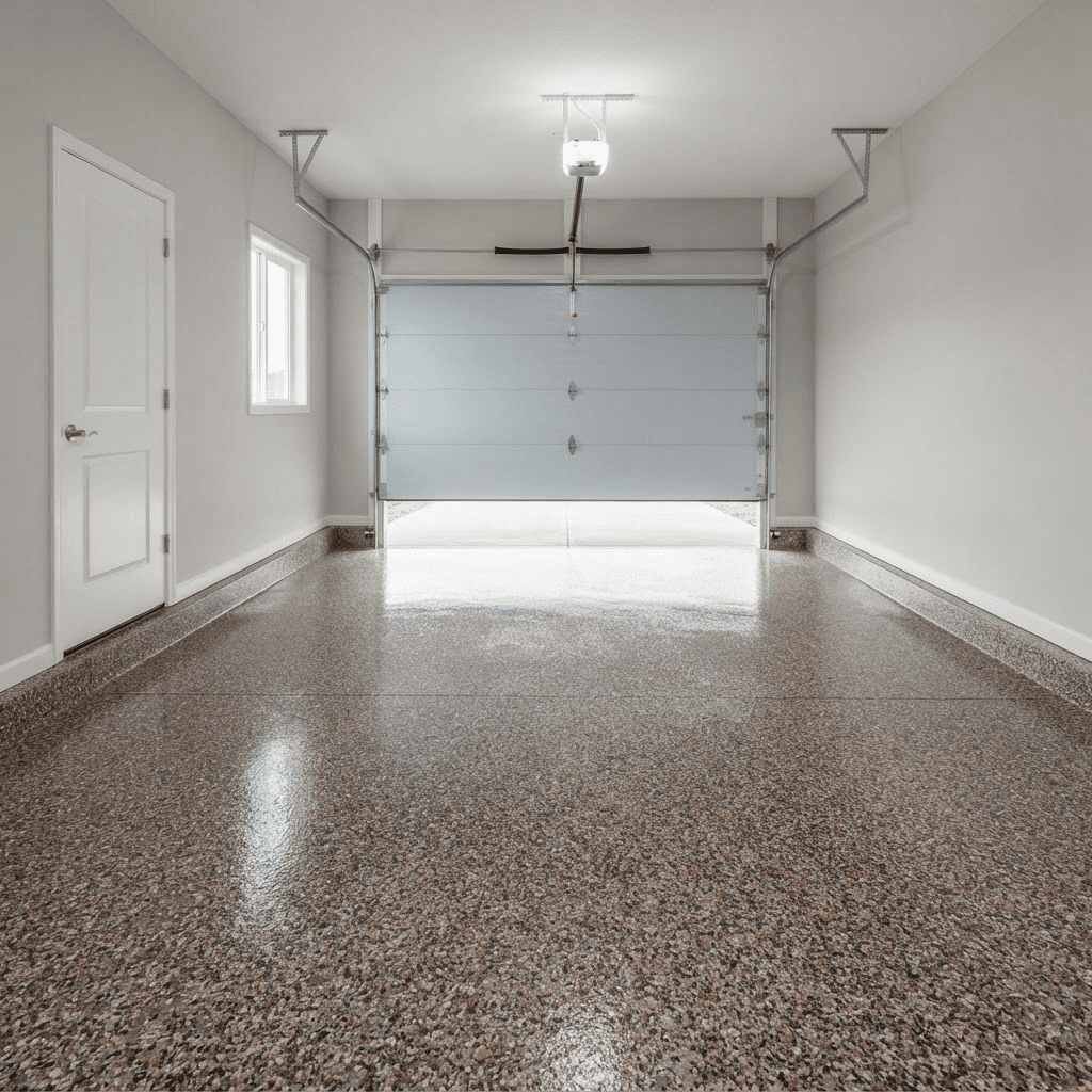 Illustration of a finished residential garage floor: an empty two-car garage with a full-broadcast vinyl flake floor in charcoal, rust and cream under a high-gloss topcoat, coved up the base of the stem walls, with a closed sectional garage door beyond.