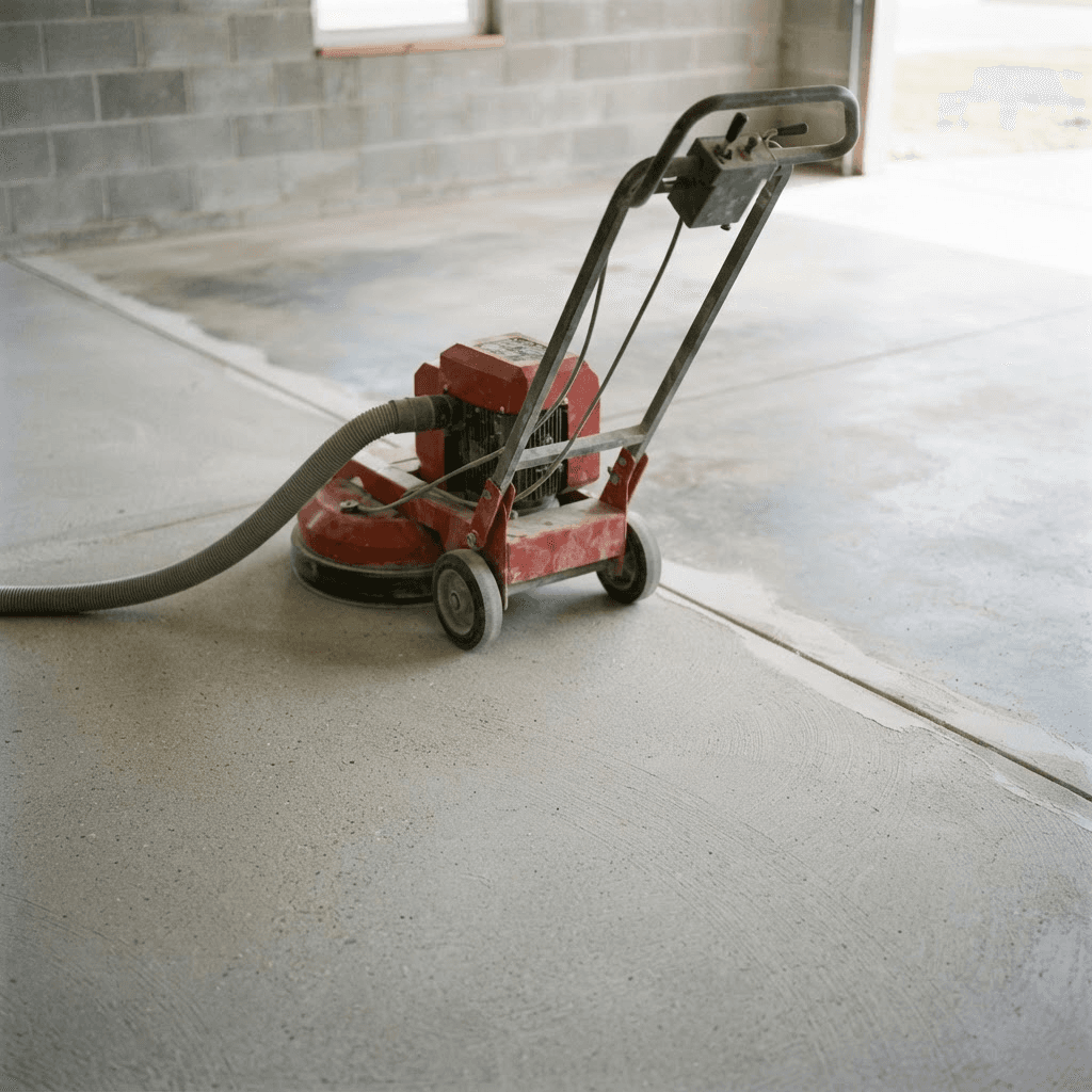 Illustration of concrete grinding in progress: a walk-behind planetary grinder with a dust extraction hose stands unattended on a garage slab, with freshly ground matte concrete in the foreground meeting darker untouched concrete along a clear line behind the machine.