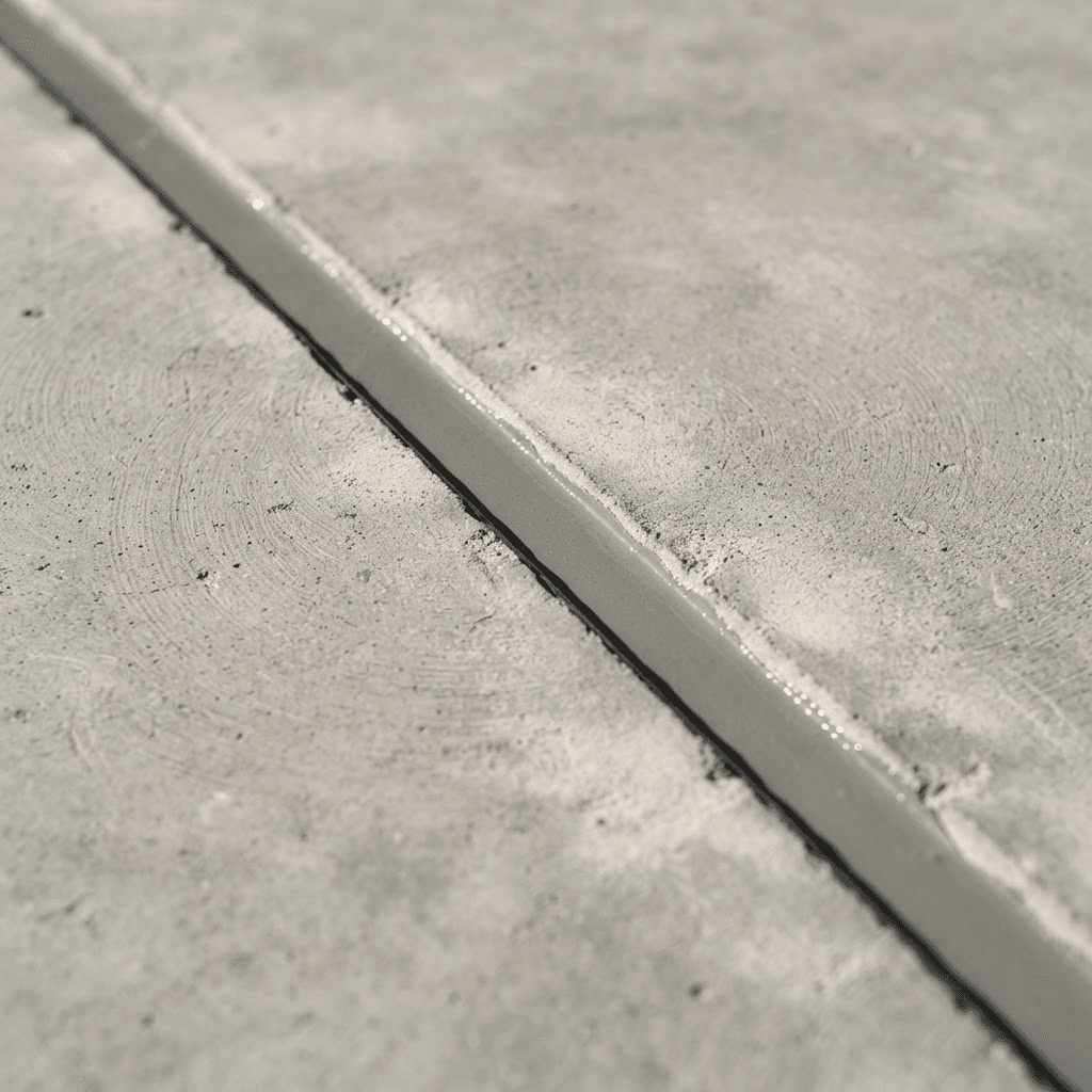 Illustration of a crack repair: a close-up of a concrete slab where a crack has been cut open into a clean-edged V-groove roughly an inch wide and filled with grey polyurea sitting slightly proud of the surrounding ground concrete, before flush grinding.