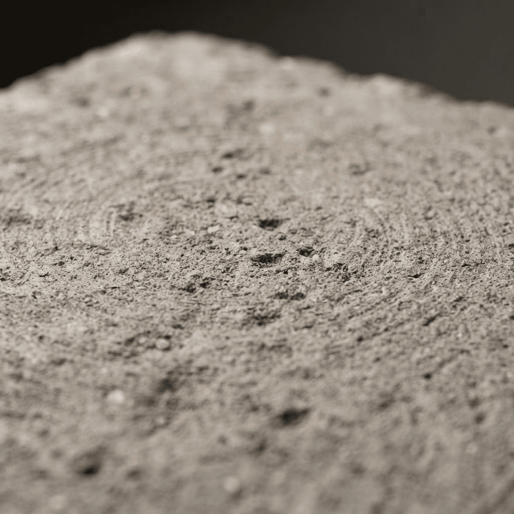 Extreme close-up of bare uncoated concrete after diamond grinding, lit from the side to show faint circular grinder swirl patterns, open pinholes and pores, and fine sand and pale aggregate just exposed at the surface.