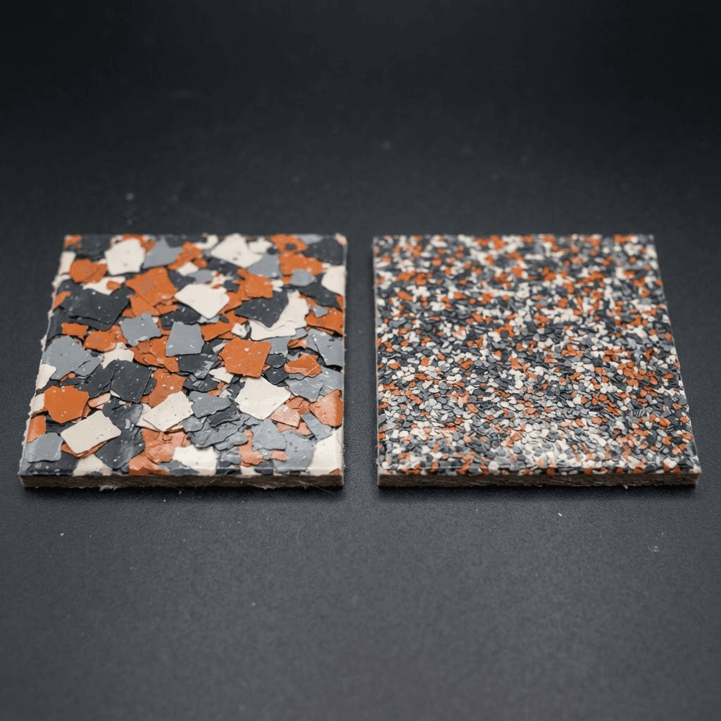 Two flake coating sample coupons side by side on a dark studio background in the same charcoal, orange, bone and grey blend. The left coupon uses large quarter-inch chips reading as a bold chunky pattern; the right uses small eighth-inch chips reading almost like granite.