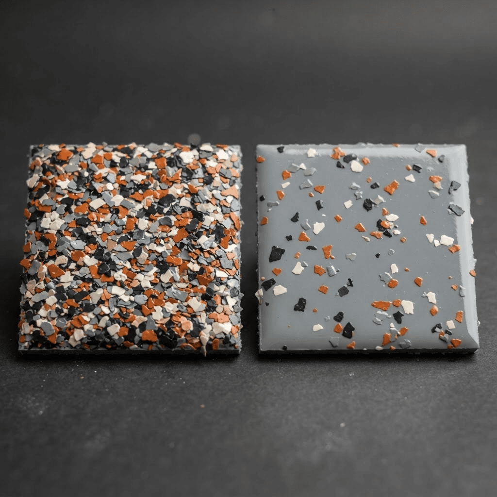 Two coating sample coupons side by side on a dark studio background. The left is broadcast to full refusal, flake completely covering the surface with no base coat visible; the right is a light partial broadcast with smooth grey base coat plainly showing between scattered chips.