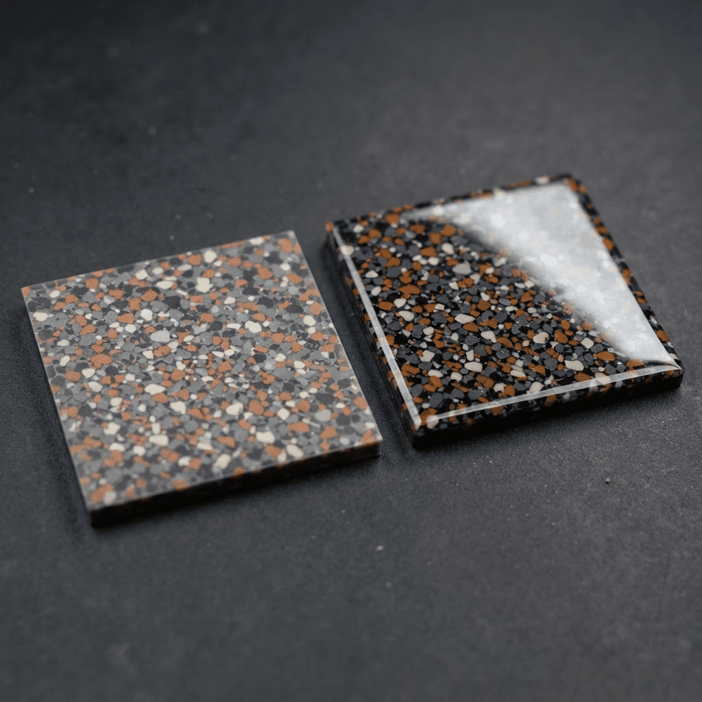 Two flake coating sample coupons side by side on a dark studio background. The left coupon has a low satin sheen with no reflection; the right coupon is high gloss, its colours deeper and a narrow highlight running across one corner.