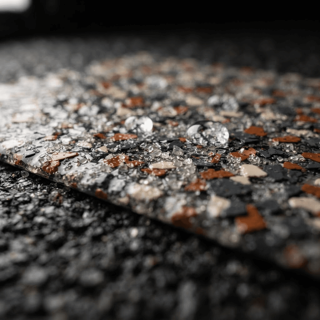 Extreme close-up of a flake coating surface lit from the side, showing fine translucent anti-slip aggregate suspended in the clear topcoat and several water droplets holding a beaded domed shape on the texture.