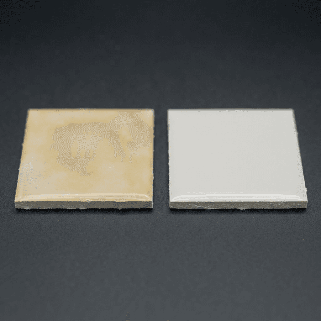 Two pale coating sample coupons side by side on a dark studio background. The left has yellowed to a warm tea-stained tone with a faint chalky haze; the right remains neutral and water-white.