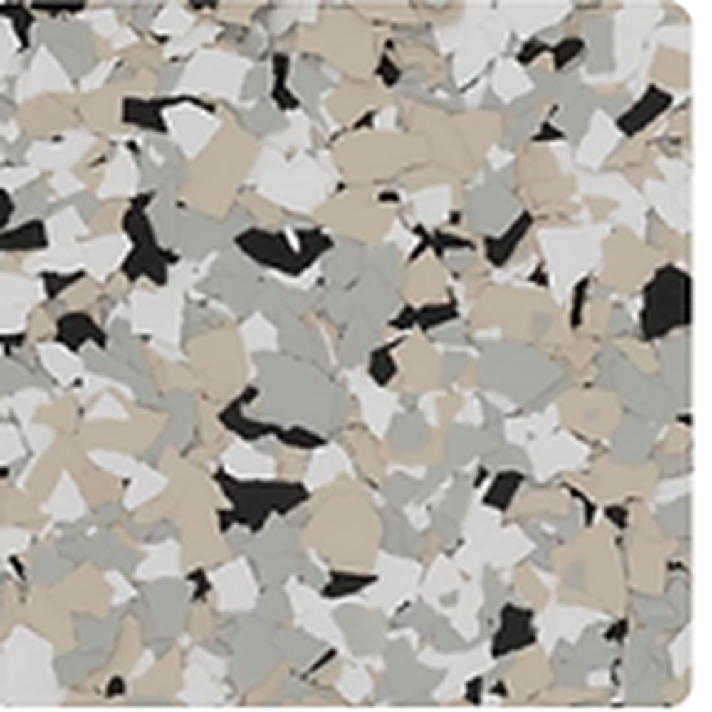 Cabin Fever vinyl flake blend: grey, tan, white and black chips.